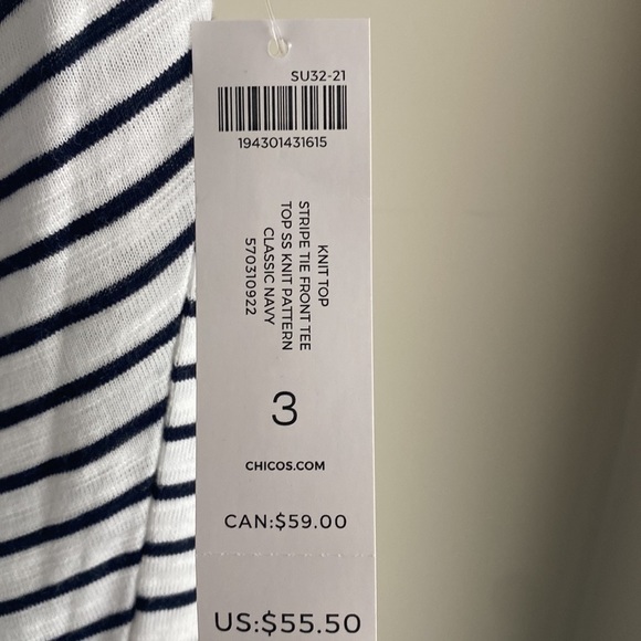 CHICO's Women's Short Sleeve Tie Bottom Striped Top NWT Size 3 (16/18-XL) - Picture 5 of 5